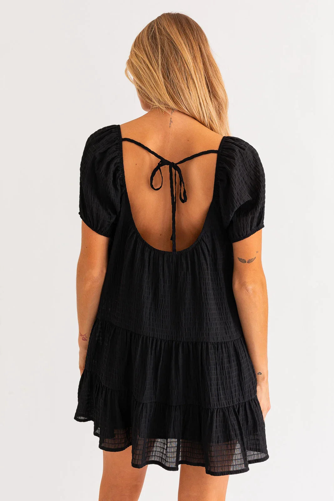 Short Puff Sleeve Tiered Mini Dress