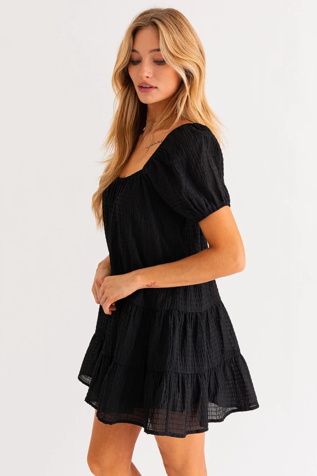 Short Puff Sleeve Tiered Mini Dress