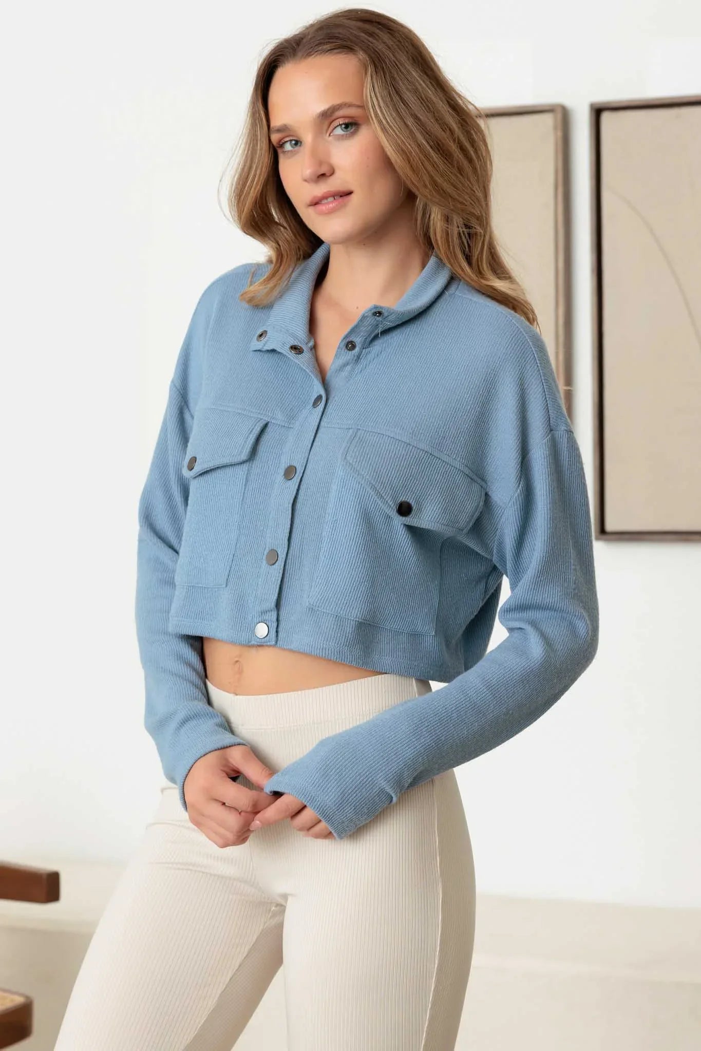 Two Pocket Long Sleeve Crew Neck Crop Jacket