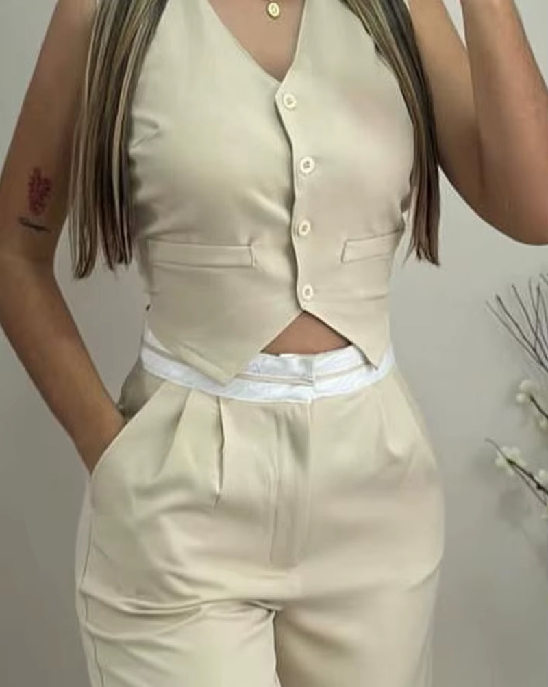 New Women'S Two-Piece 2024 Summer Casual Sexy Elegant V-Neck Twist Button Tank Top and Pocket Design Pants Set Women'S Set