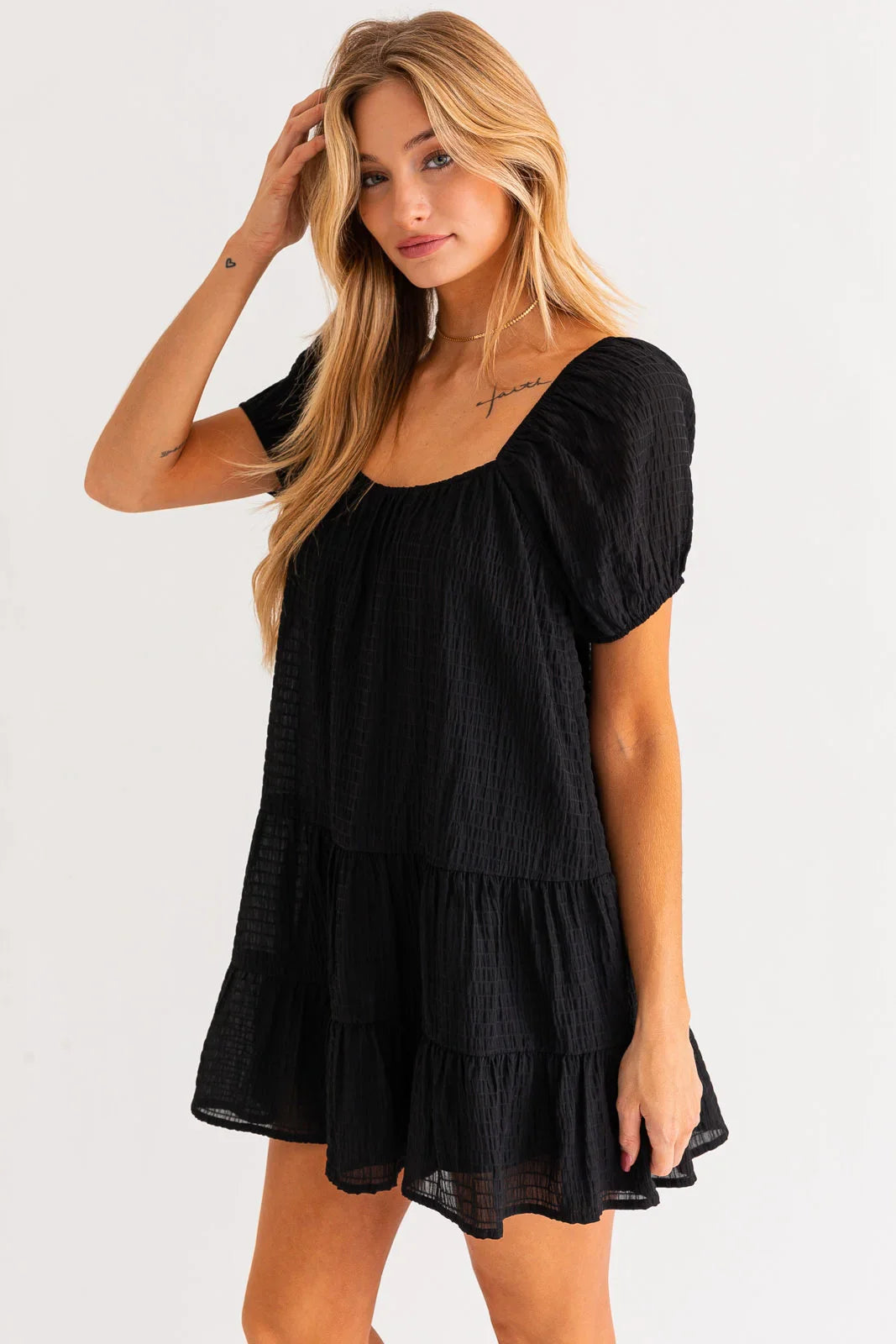 Short Puff Sleeve Tiered Mini Dress