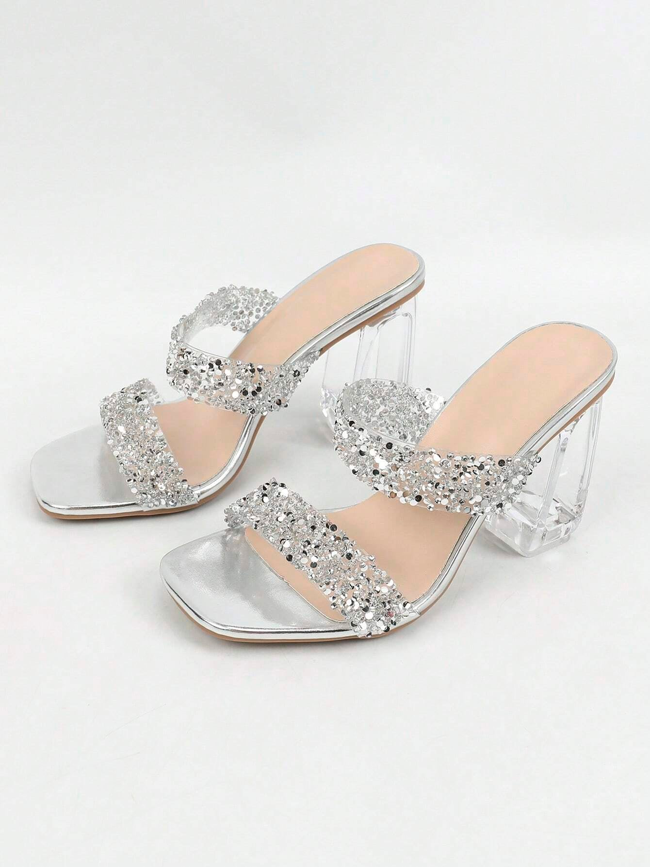 Champagne Crystal Decor Peep Toe Thick PVC Transparent Block Heel Mule Sandals, Glitter Embellishment, Charming, Suitable for Party/Summer/Beach, Indoor & Outdoor