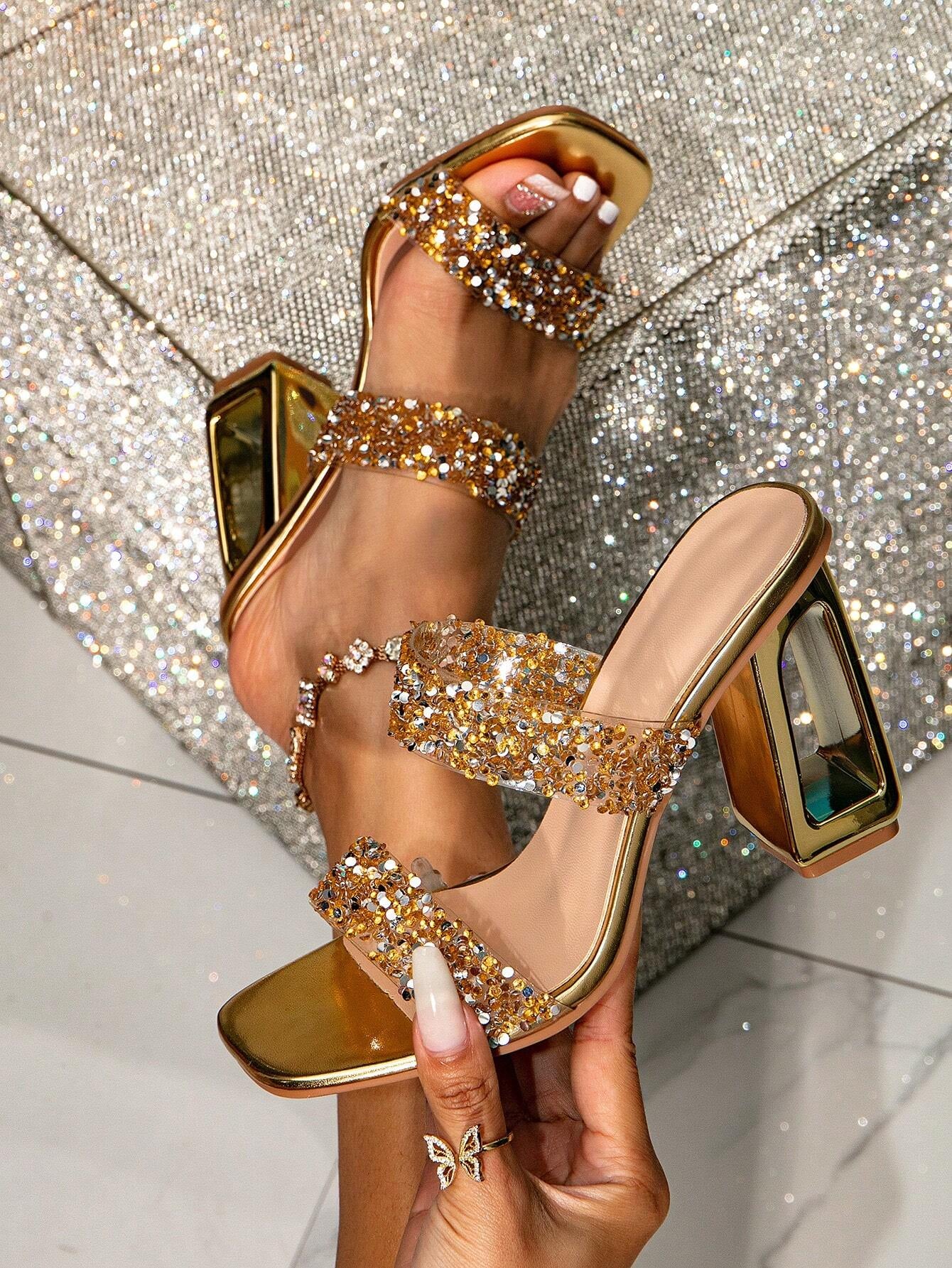 Champagne Crystal Decor Peep Toe Thick PVC Transparent Block Heel Mule Sandals, Glitter Embellishment, Charming, Suitable for Party/Summer/Beach, Indoor & Outdoor