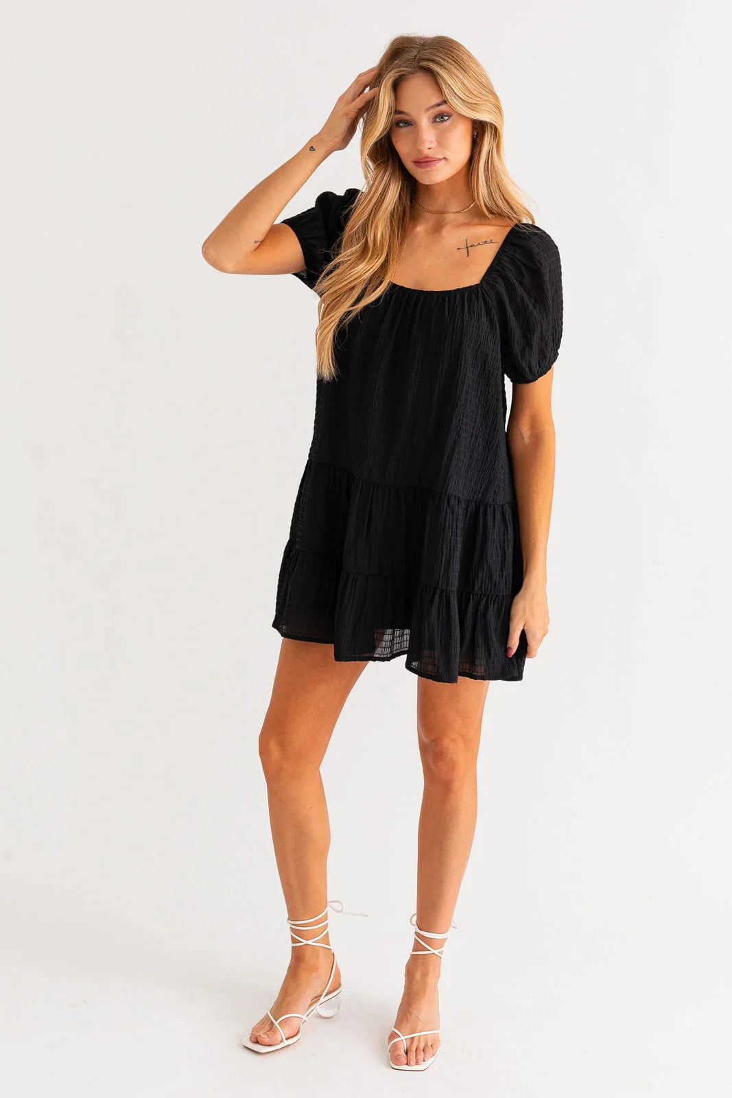 Short Puff Sleeve Tiered Mini Dress